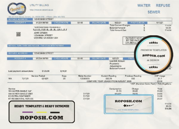 USA California City of Oxnard utility bill template in Word and PDF format