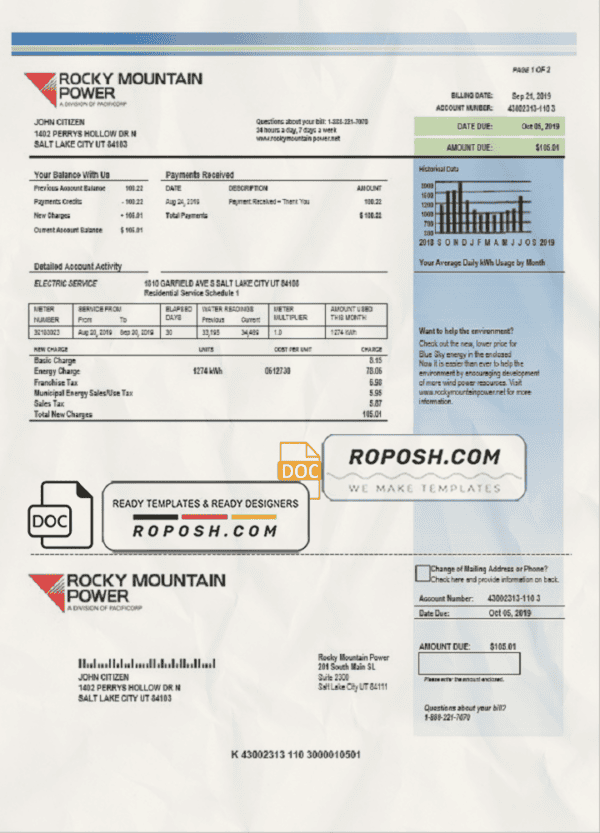 USA Utah Rocky Mountain Power electricity utility bill template in Word and PDF format