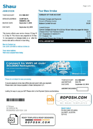 Canada Shaw utility bill template in Word and PDF format