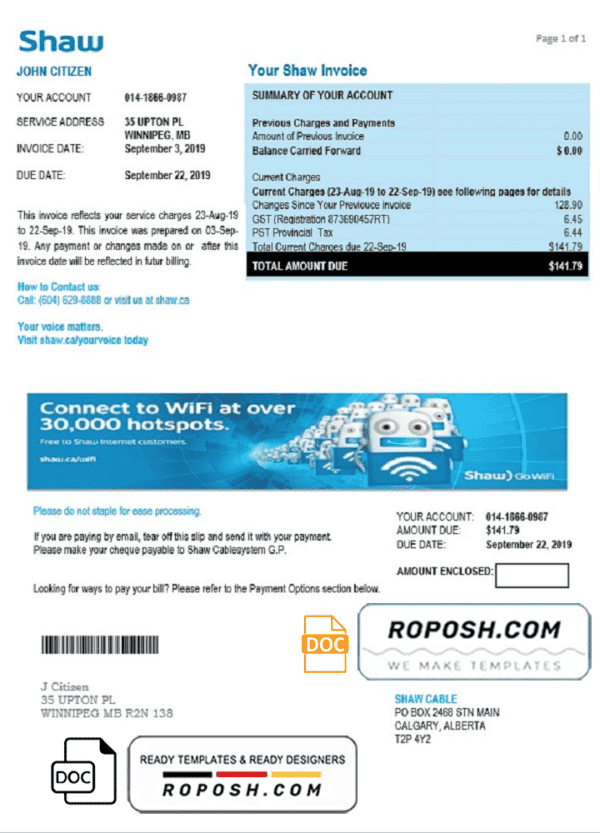 Canada Shaw utility bill template in Word and PDF format