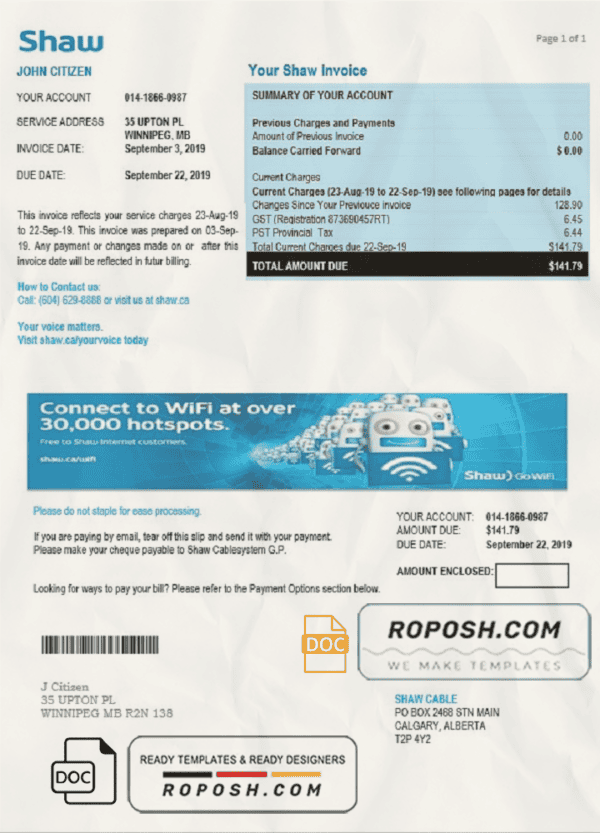 Canada Shaw utility bill template in Word and PDF format