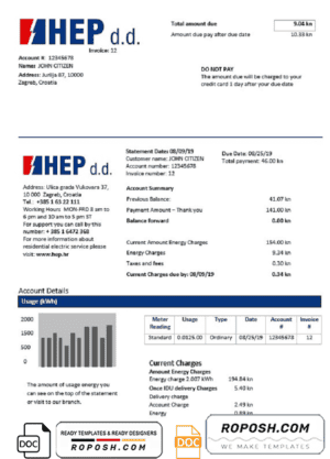 Croatia Hrvatska Elektroprivreda electricity utility bill template in Word and PDF format