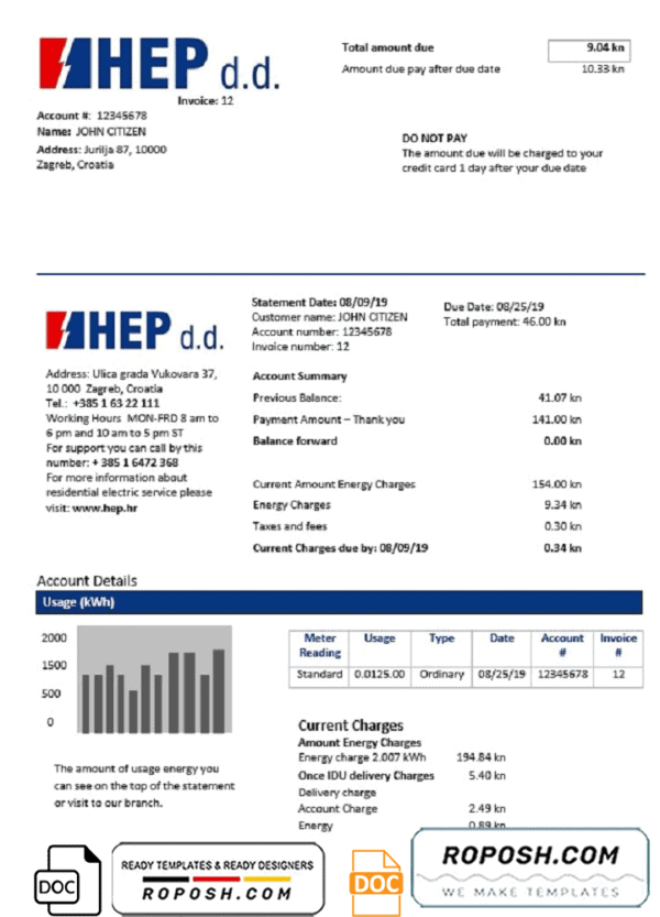 Croatia Hrvatska Elektroprivreda electricity utility bill template in Word and PDF format