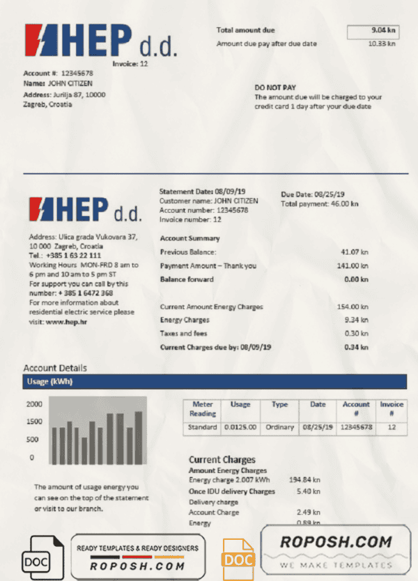 Croatia Hrvatska Elektroprivreda electricity utility bill template in Word and PDF format