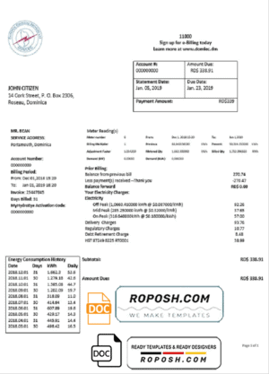 Dominica Electricity Services Limited electricity utility bill template in Word and PDF format