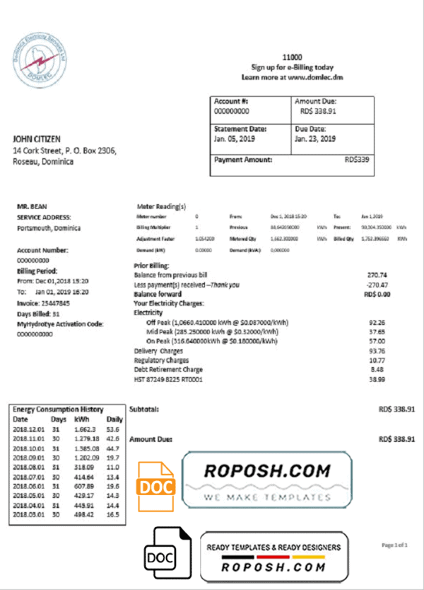 Dominica Electricity Services Limited electricity utility bill template in Word and PDF format
