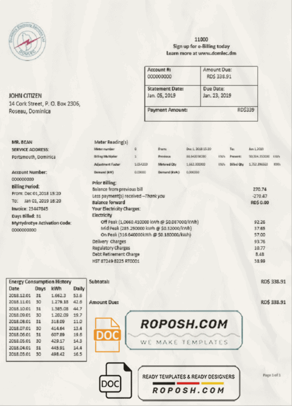 Dominica Electricity Services Limited electricity utility bill template in Word and PDF format