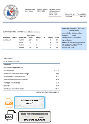 Egypt Egyptian Electricity utility bill template in Word and PDF format