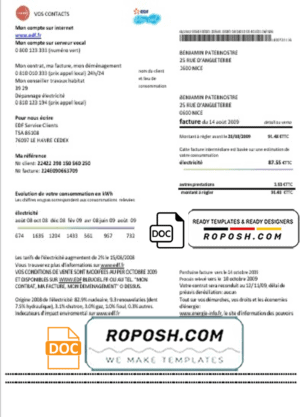 France EDF proof of address utility bill template in Word and PDF format