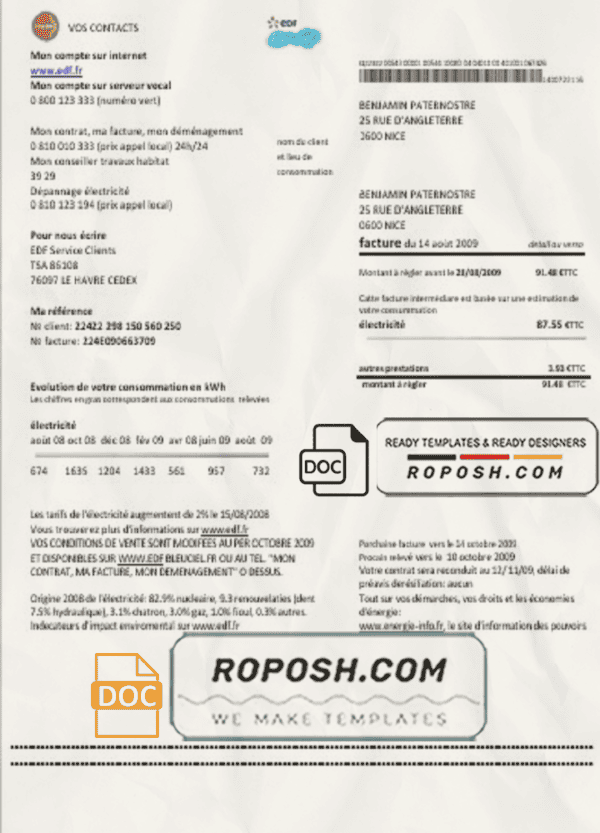 France EDF proof of address utility bill template in Word and PDF format