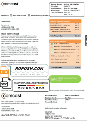 USA Utah Comcast utility bill template in Word and PDF format, version 1