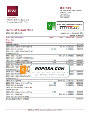 USA North Carolina BB&T Corp. bank statement template in Word and PDF format