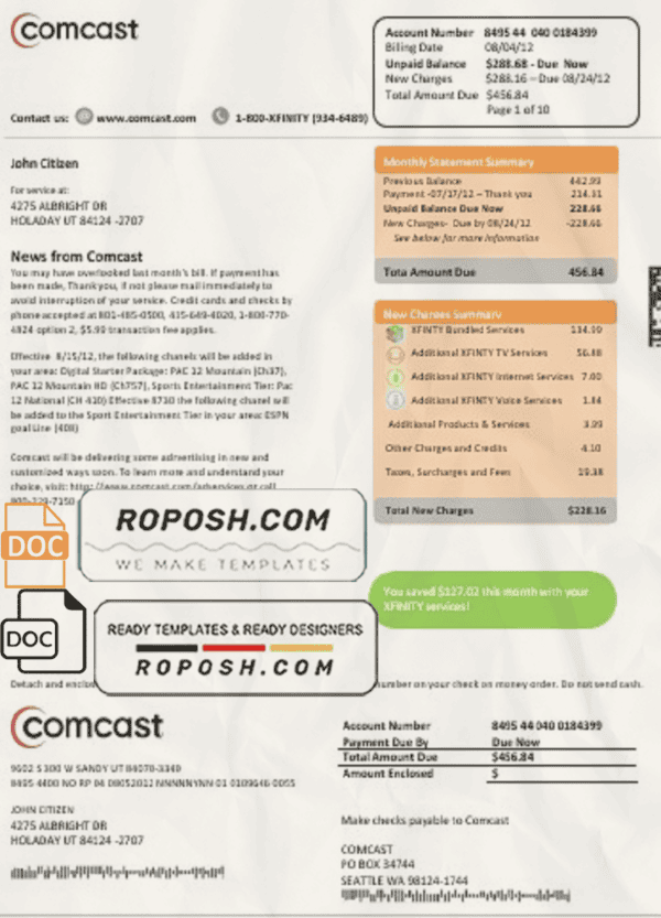 USA Utah Comcast utility bill template in Word and PDF format, version 1