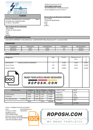 France Energies & Services Régie Municipal d’ Electricité Sarre-Union electricity utility bill template in Word and PDF format, fully editable