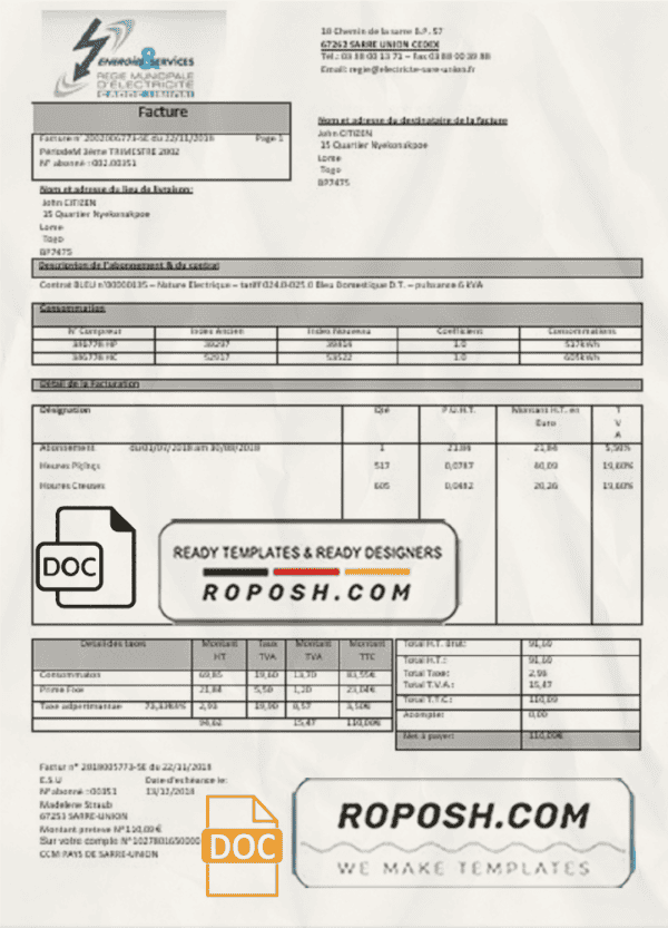 France Energies & Services Régie Municipal d’ Electricité Sarre-Union electricity utility bill template in Word and PDF format, fully editable