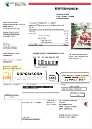 France Gaz de France Dolcevita utility bill template in Word and PDF format