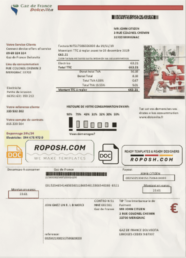 France Gaz de France Dolcevita utility bill template in Word and PDF format