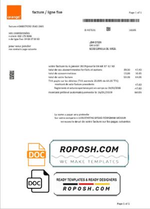 France Orange utility bill template in Word and PDF format