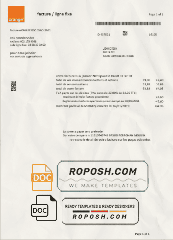 France Orange utility bill template in Word and PDF format