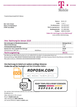 Germany T Mobile utility bill template in Word and PDF format