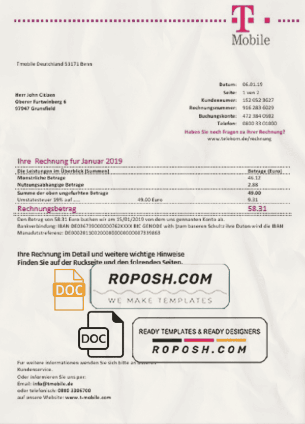 Germany T Mobile utility bill template in Word and PDF format