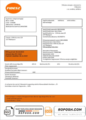 Hungary FIDESZ easy to fill utility bill template in Word and PDF format