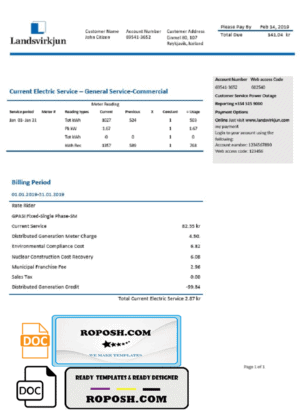 Iceland National Power Company of Iceland Landsvirkjun electricity utility bill template in Word and PDF