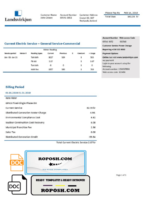 Iceland National Power Company of Iceland Landsvirkjun electricity utility bill template in Word and PDF