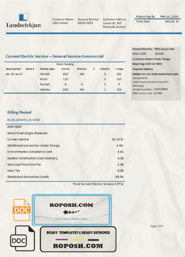 Iceland National Power Company of Iceland Landsvirkjun electricity utility bill template in Word and PDF