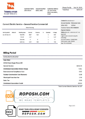 Israel Electric Corporation utility bill template in Word and PDF format (.doc and .pdf)