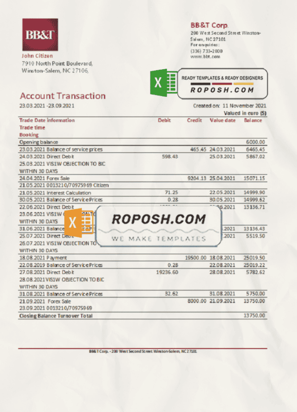 USA North Carolina BB&T Corp. bank statement template in Word and PDF format