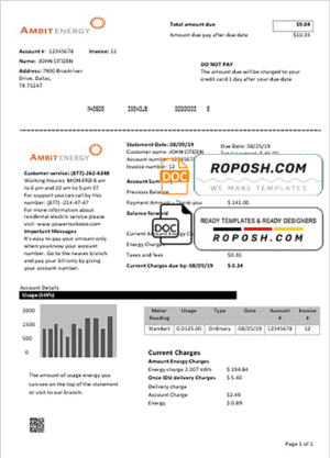 USA Texas Ambit Energy utility bill template in Word and PDF format
