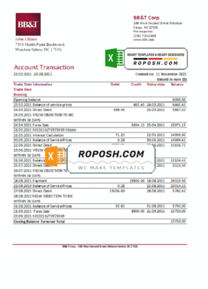 USA North Carolina BB&T Corp. bank statement template in Excel and PDF format