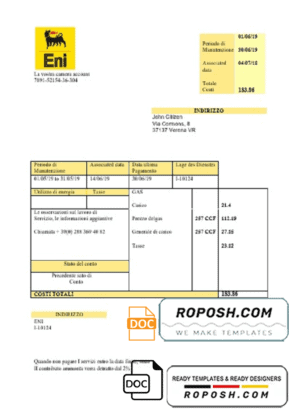 Italy Gas utility bill template in .doc and .pdf format, fully editable