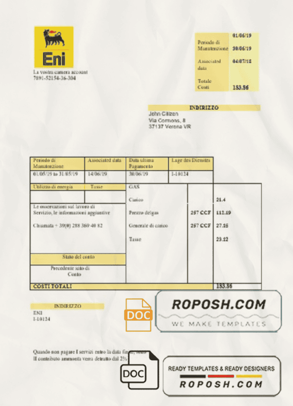 Italy Gas utility bill template in .doc and .pdf format, fully editable