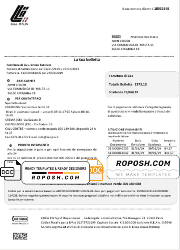 Italy Linea Italia utility bill template in Word and PDF format