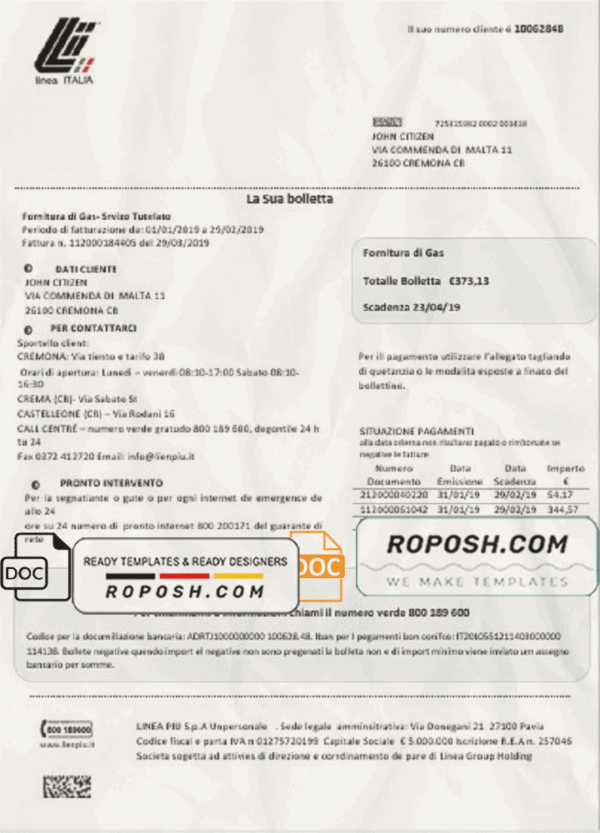 Italy Linea Italia utility bill template in Word and PDF format