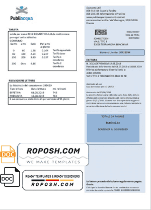 Italy Publiacqua utility bill template in Word and PDF format
