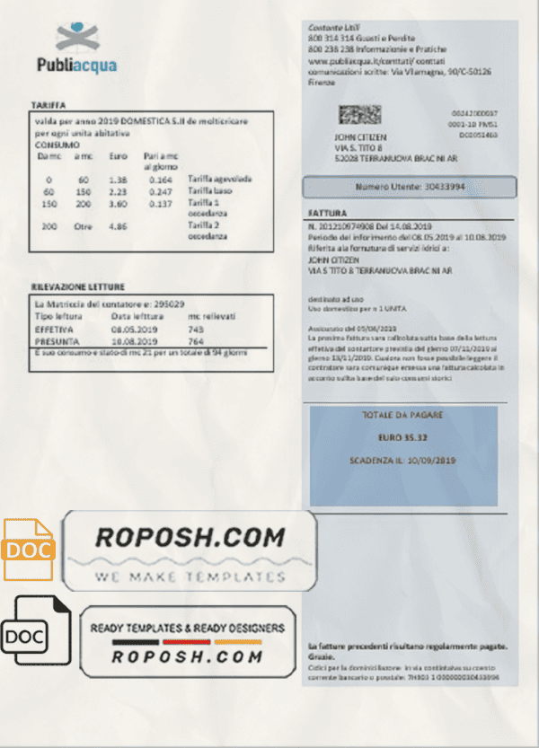 Italy Publiacqua utility bill template in Word and PDF format