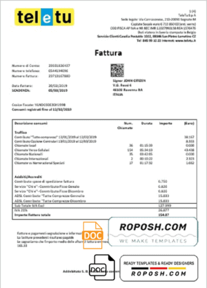 Italy TeleTu utility bill template in Word and PDF format