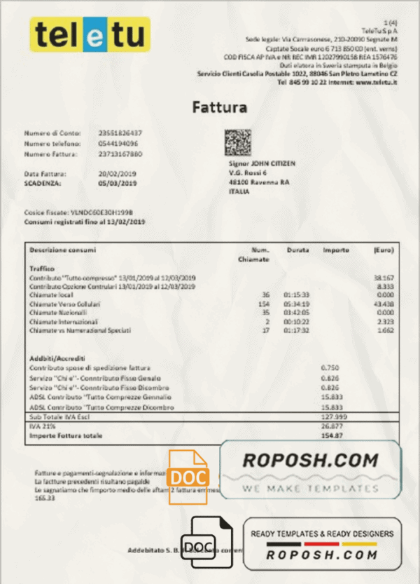 Italy TeleTu utility bill template in Word and PDF format