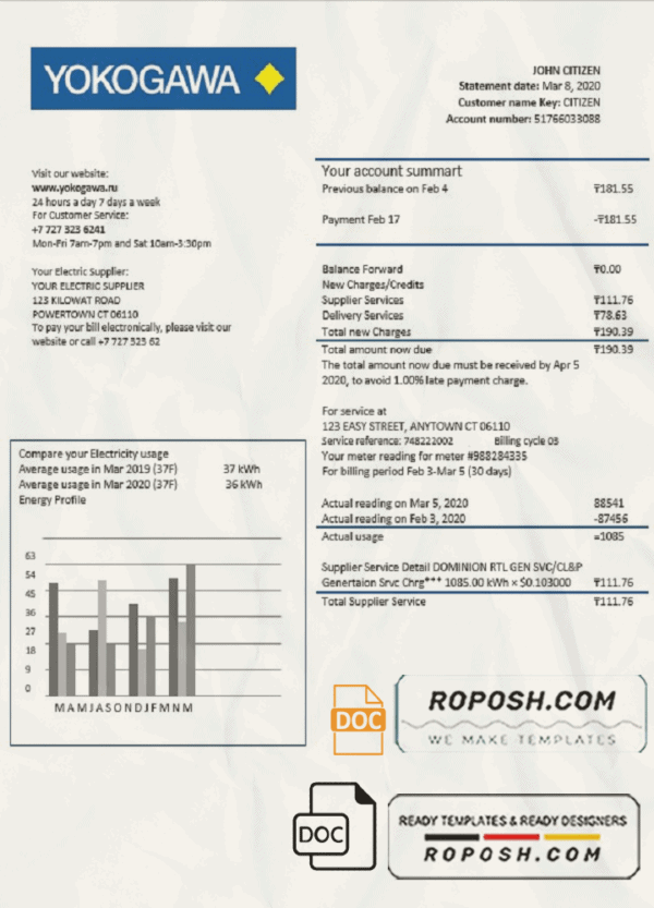 Kazakhstan Yokogawa Electric Kazakhstan utility bill template in Word and PDF format (.doc and .pdf)