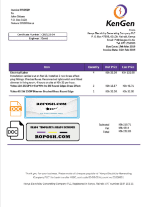 Kenya KenGen Electricity Generating Company utility bill template in Word and PDF format
