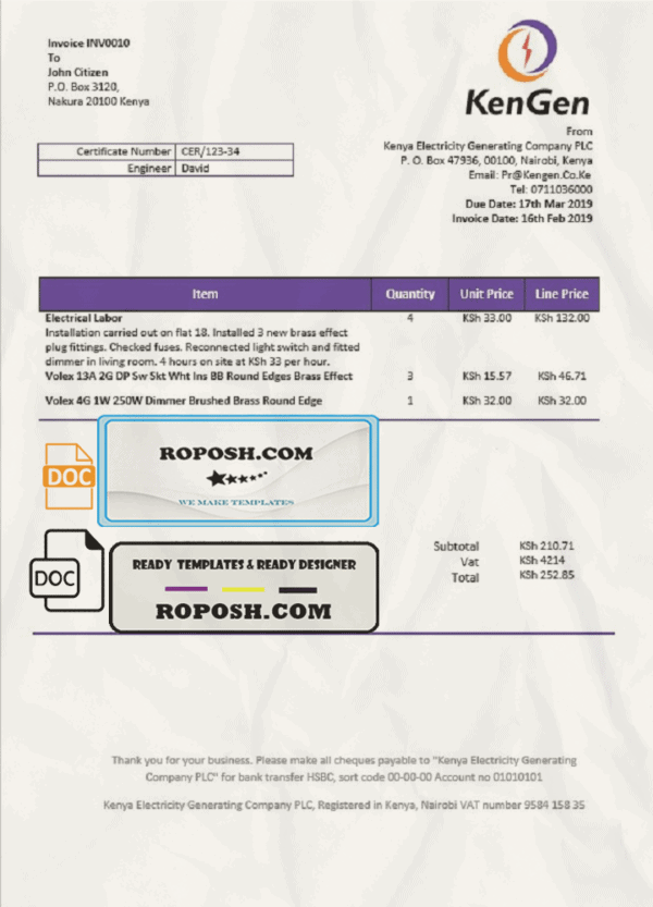 Kenya KenGen Electricity Generating Company utility bill template in Word and PDF format