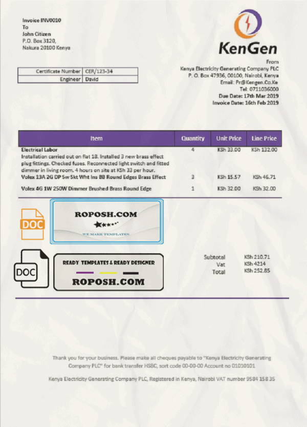 Kenya KenGen Electricity Generating Company utility bill template in Word and PDF format