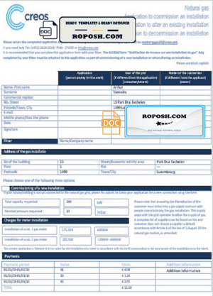 Luxembourg Creos gas utility bill template in Word and PDF format (.doc and .pdf)