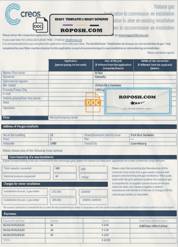 Luxembourg Creos gas utility bill template in Word and PDF format (.doc and .pdf)