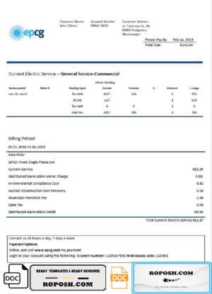 Montenegro Elektroprivreda Crne Gore (EPCG) electricity utility bill template in Word and PDF format