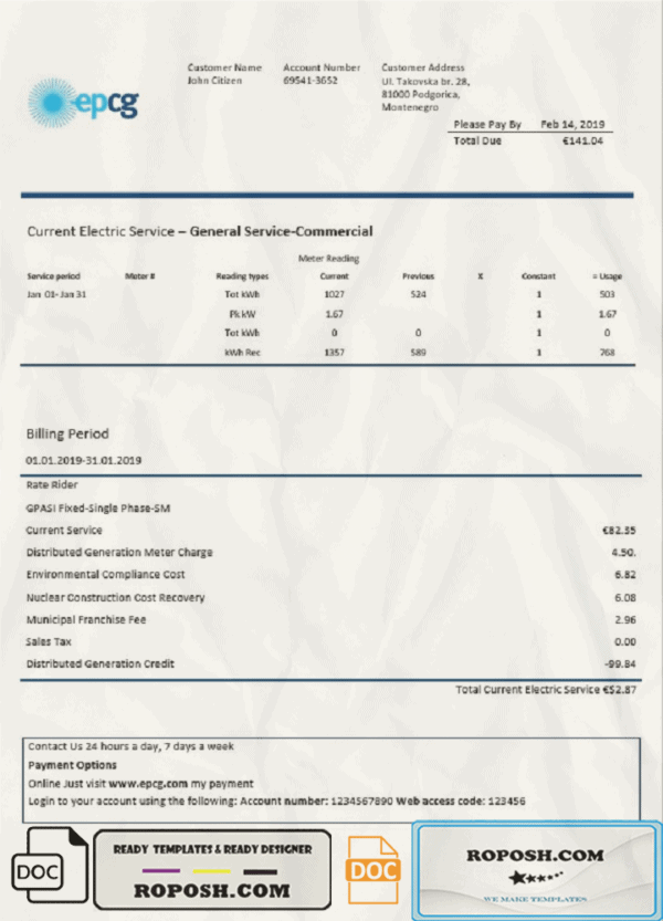 Montenegro Elektroprivreda Crne Gore (EPCG) electricity utility bill template in Word and PDF format