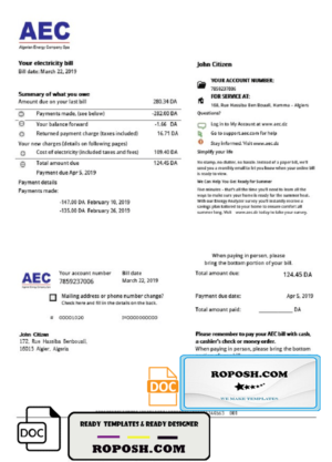 Algeria AEC Algerian Energy Company utility bill template in Word and PDF format